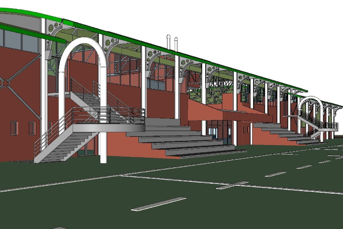 A 3D architectural rendering of a commercial or sports facility exterior featuring steel structural elements, staircases, and tiered seating.