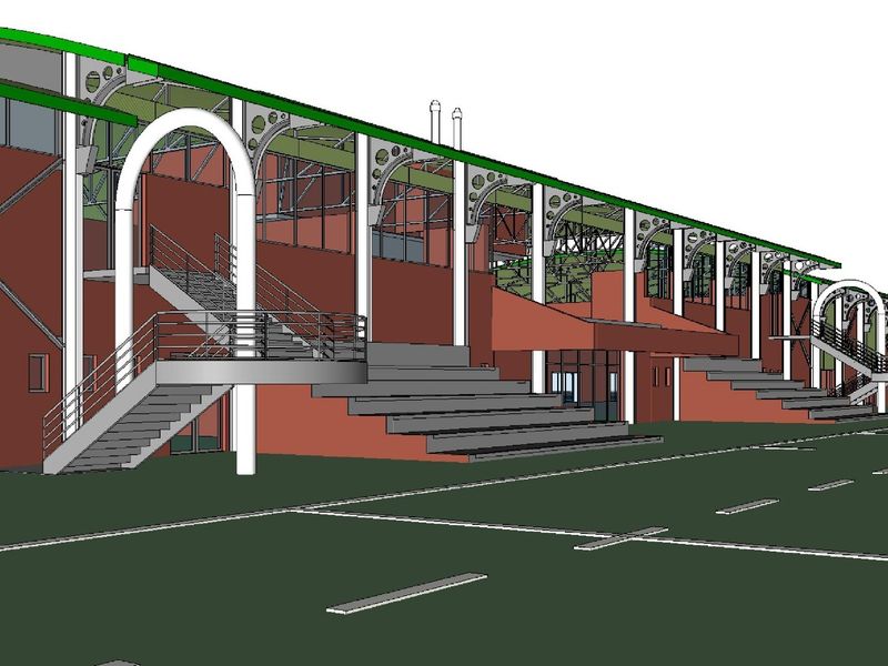 A 3D architectural rendering of a commercial or sports facility exterior featuring steel structural elements, staircases, and tiered seating.