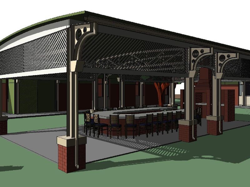 A 3D architectural rendering of a covered outdoor patio area featuring a built-in bar counter and a brick fireplace.