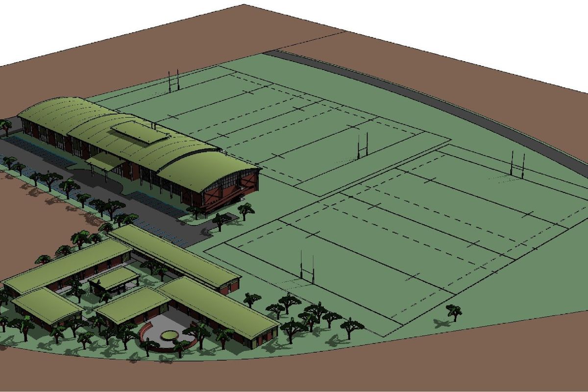 A 3D architectural rendering showing the proposed layout of a sports facility, including multiple fields, a clubhouse, and accommodation buildings.