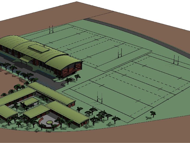 A 3D architectural rendering showing the proposed layout of a sports facility, including multiple fields, a clubhouse, and accommodation buildings.