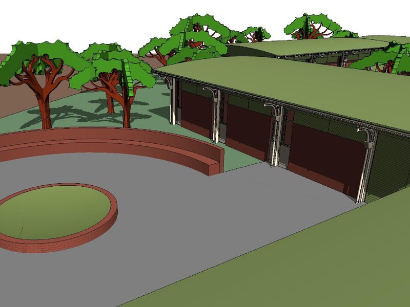 A 3D architectural rendering of a residential property exterior featuring a circular garden bed, curved seating wall, and garage access.