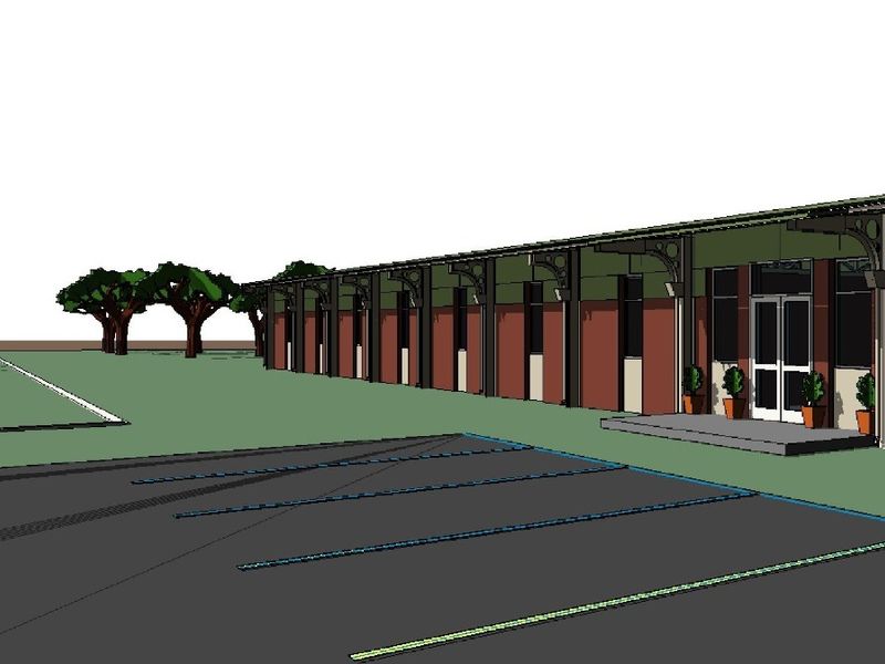 A 3D architectural rendering of a commercial or club building featuring a brick facade, covered walkway, and adjacent parking area with rugby goal posts.