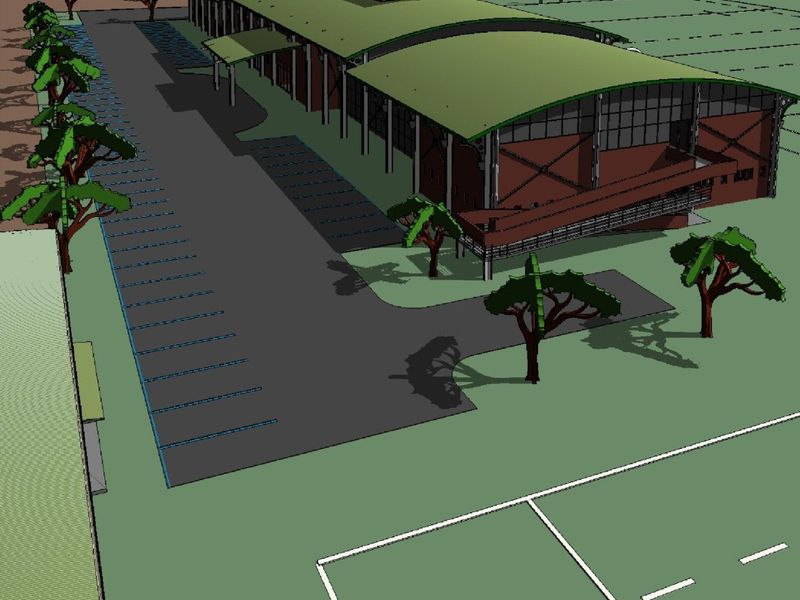 An aerial 3D architectural rendering of a commercial or sports facility featuring a large building, parking area, and adjacent sports field.