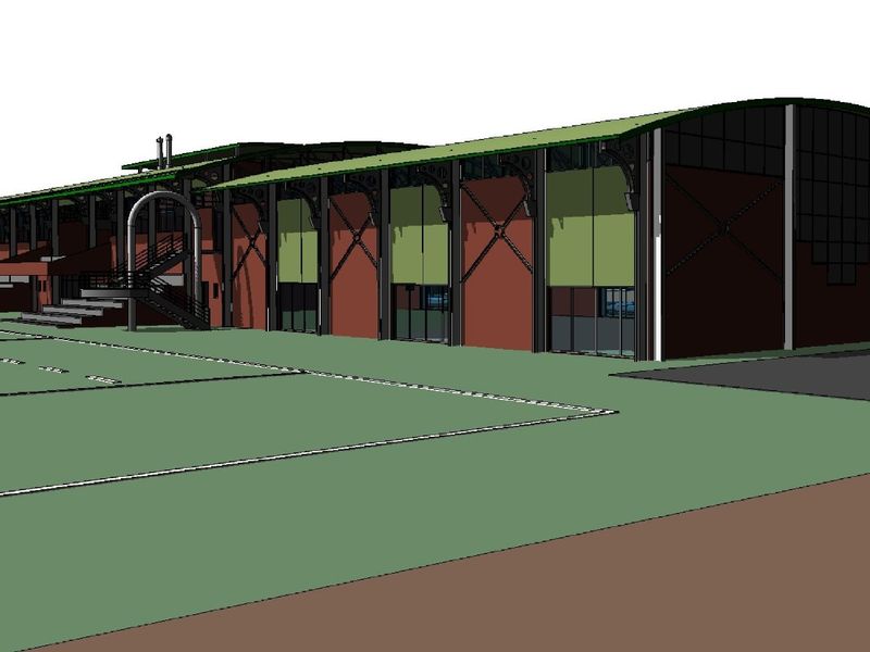 A 3D architectural rendering of a large commercial or sports facility building featuring a distinctive arched roof and brick exterior.