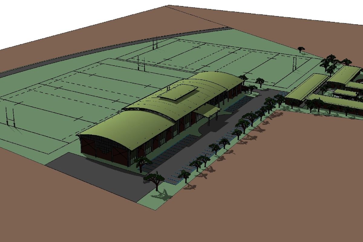 An aerial 3D architectural rendering of a sports facility complex featuring a clubhouse, parking area, and multiple sports fields.