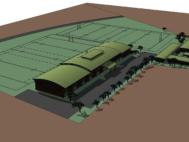 An aerial 3D architectural rendering of a sports facility complex featuring a clubhouse, parking area, and multiple sports fields.