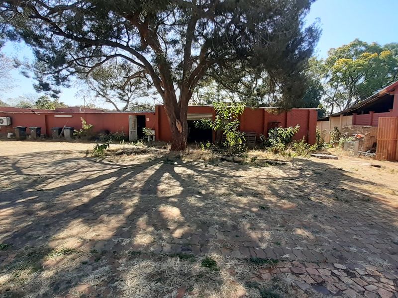 Rear exterior view of the farm property featuring a large paved courtyard, mature tree, and brick building structures requiring maintenance.