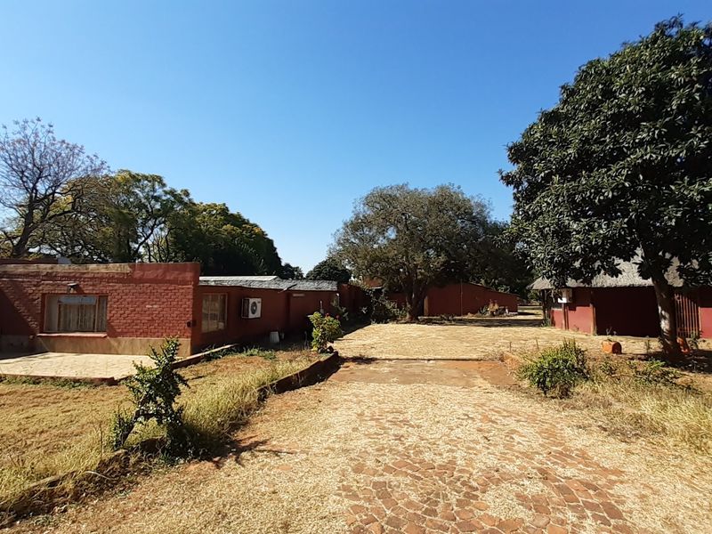 Rear view of the farm property featuring brick buildings, a paved driveway, and mature trees under a clear sky.