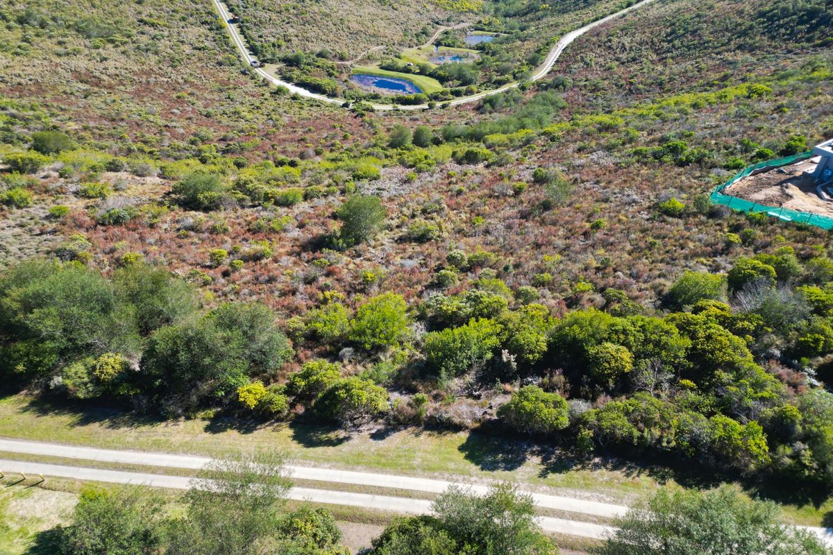 Aerial view of a vacant residential plot featuring natural fynbos vegetation and adjacent access road within a scenic landscape.