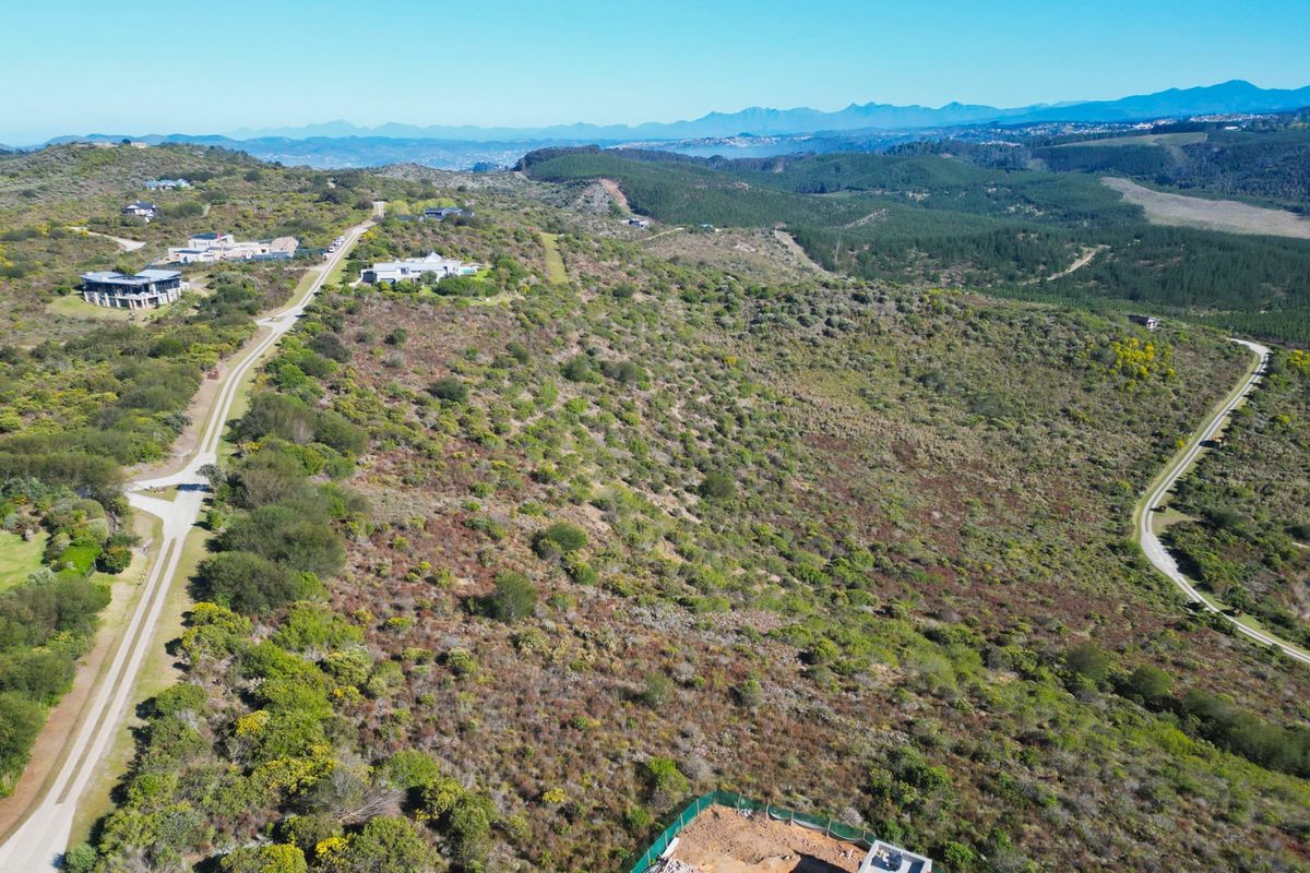 An aerial view of a large, undeveloped residential plot featuring natural vegetation, surrounding hills, and access to a gravel road.