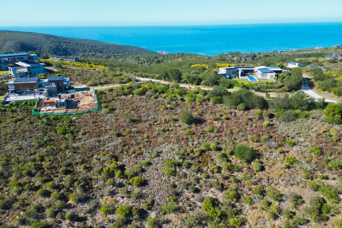 Aerial view of a vacant residential plot featuring natural coastal vegetation with established luxury homes and ocean views in the surrounding estate.