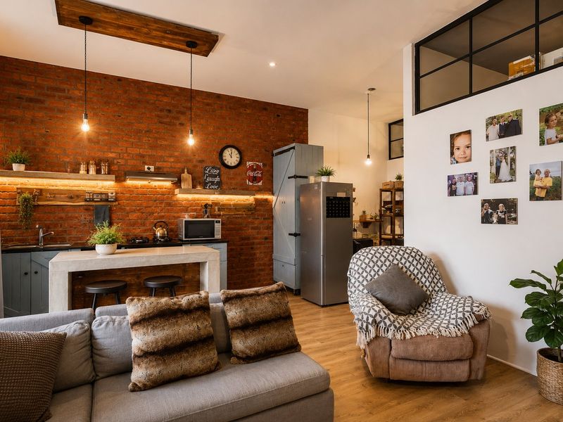 A stylish open-plan living and kitchen area featuring an exposed brick feature wall, concrete island, and warm timber-look flooring with modern industrial accents.