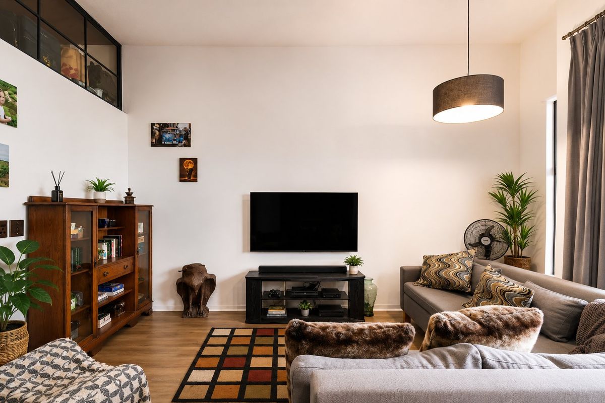 A well-maintained living room featuring high ceilings, laminate flooring, and a clerestory window, creating a bright and spacious atmosphere.