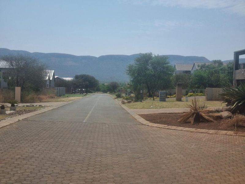 A view of the paved street and surrounding residential landscape within the estate, featuring mountain views in the background.