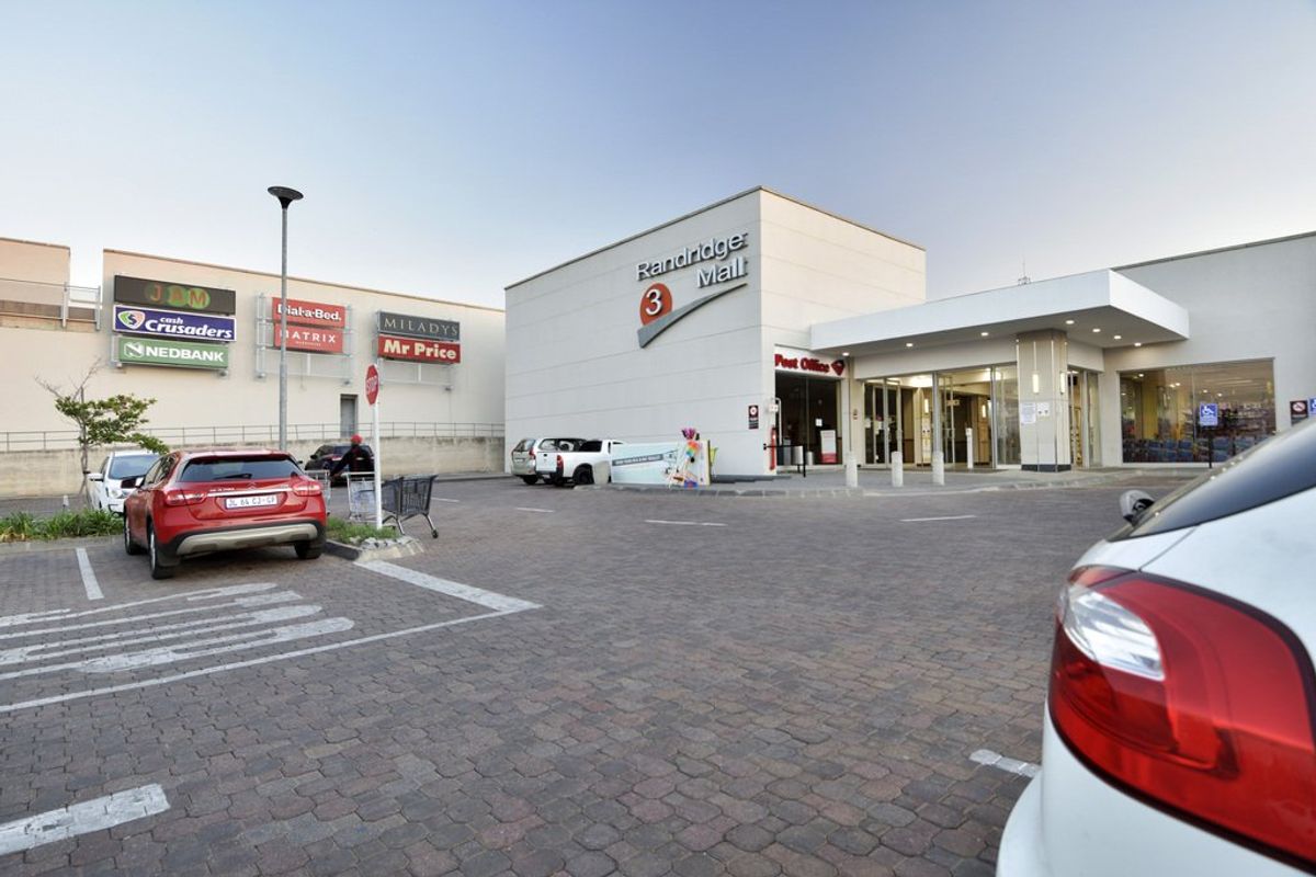 Front exterior view of Randridge Mall featuring a paved parking area, commercial signage, and a covered entrance canopy.