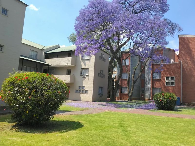 Exterior view of the apartment complex featuring brick architecture, balconies, and a well-maintained garden with a large flowering jacaranda tree.