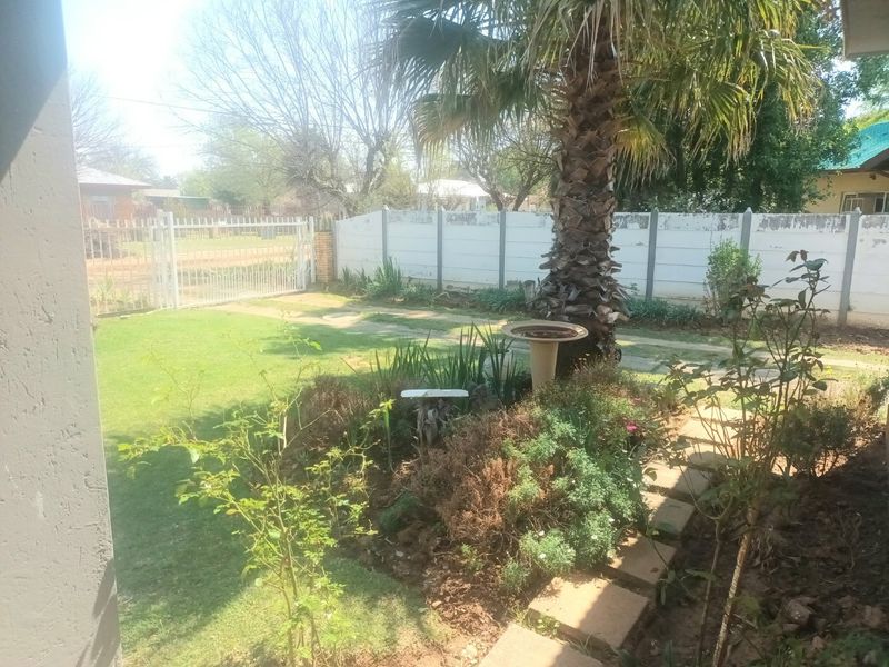 A private garden area featuring a lawn, established palm tree, paved walkway, and a secure perimeter boundary wall with a metal entrance gate.