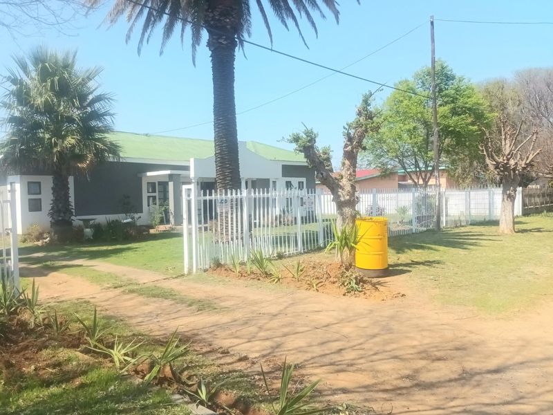 Front view of the property featuring a metal perimeter fence, established palm trees, and a driveway leading to the main entrance.