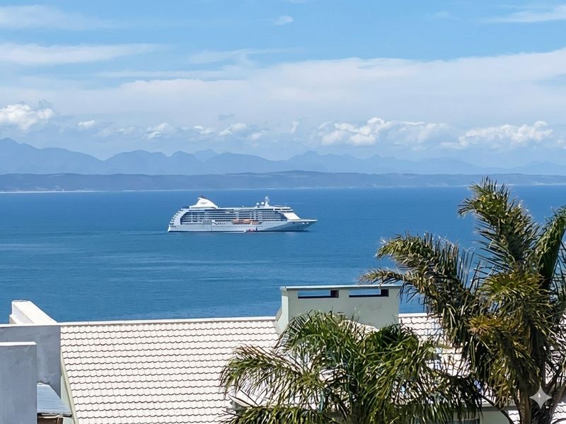 A scenic elevated view overlooking the ocean with a cruise ship in the distance, framed by a residential tiled roof and palm tree.
