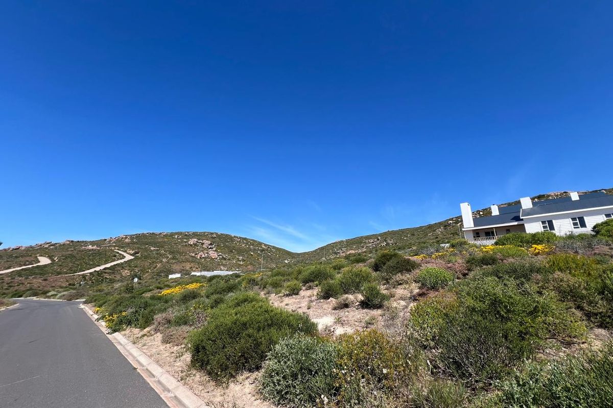 A view of a paved residential street with concrete curbing, surrounded by natural hillside vegetation and clear blue skies.