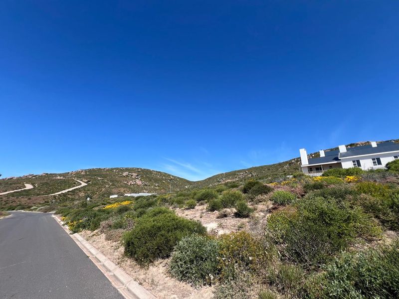 A view of a paved residential street with concrete curbing, surrounded by natural hillside vegetation and clear blue skies.