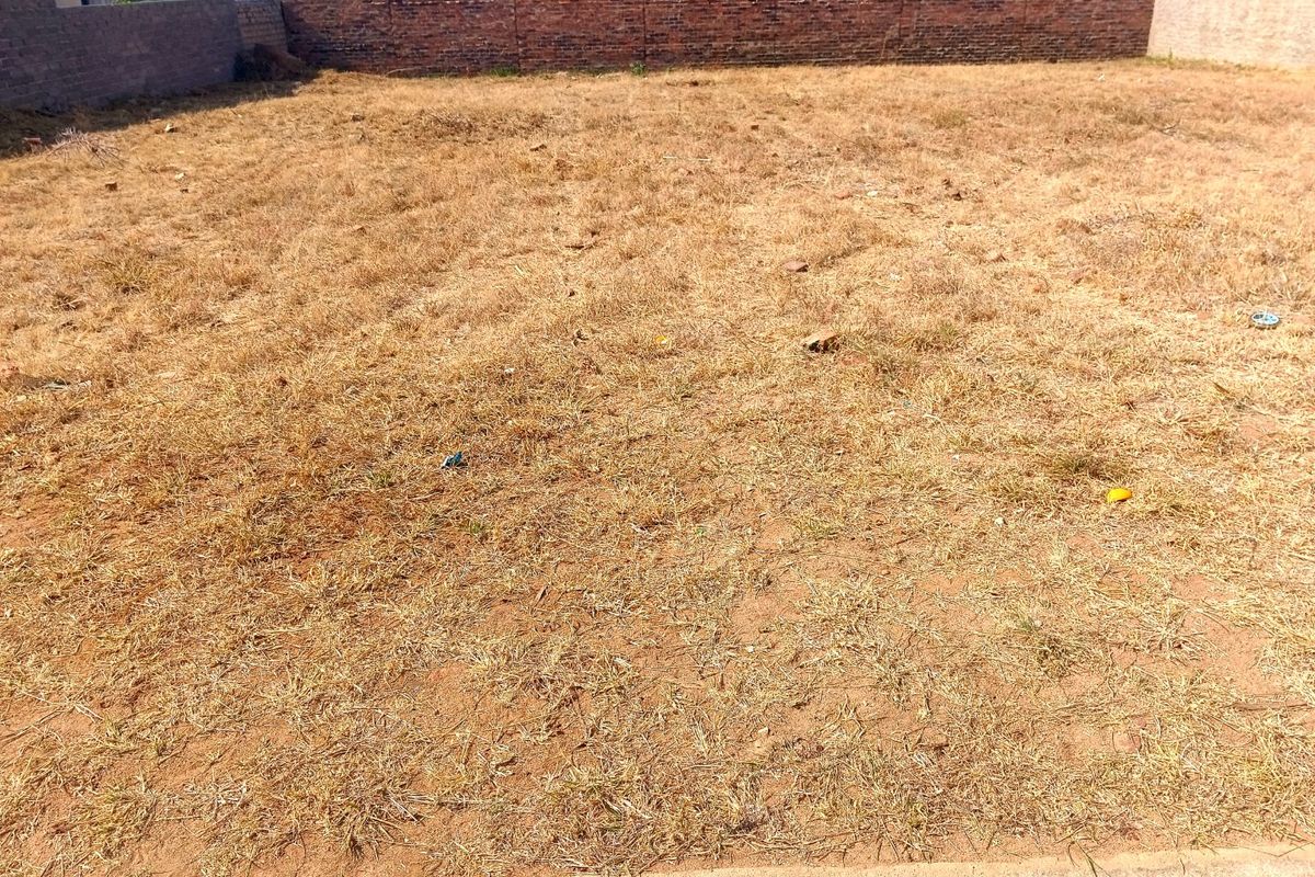 A vacant residential plot featuring dry grass and a perimeter brick boundary wall, offering a clear space for future development.