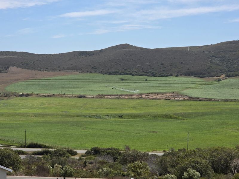 A scenic elevated view overlooking expansive green agricultural fields and rolling hills in the distance.