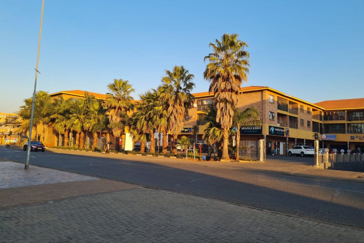Street-level view of a multi-story apartment complex featuring brick exterior, balconies, and mature palm trees along the sidewalk.