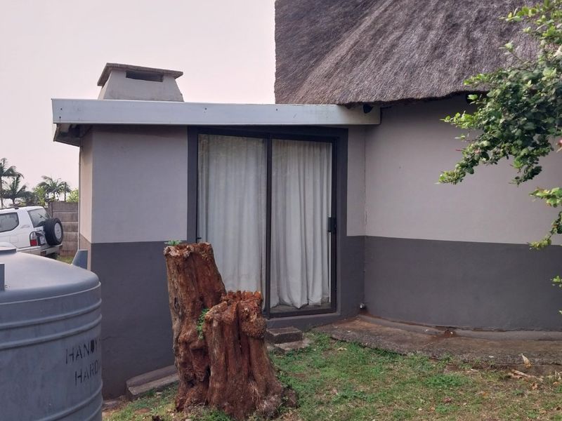 Rear exterior view of a townhouse featuring a thatched roof, sliding glass door access, and a water tank situated in the garden area.