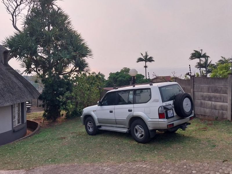 Rear garden area featuring a thatched roof structure, perimeter precast concrete walling, and paved driveway access.