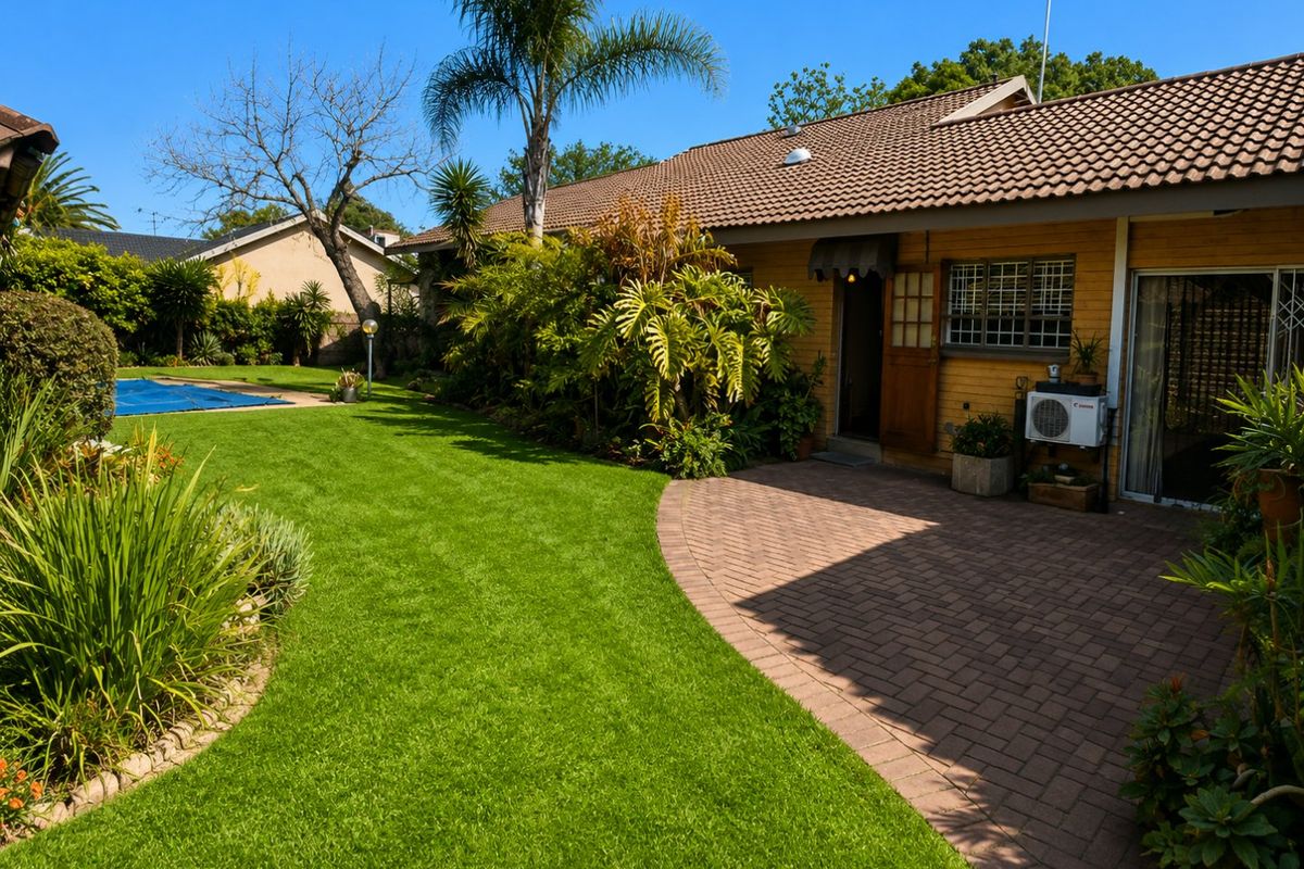 Rear view of the property featuring a paved patio area, well-maintained lawn, landscaped garden, and a swimming pool.