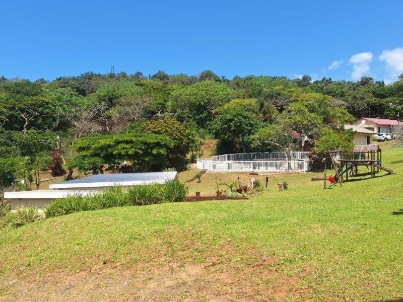 A spacious, sloped garden area featuring a swimming pool with safety fencing, set against a backdrop of lush, mature trees and greenery.