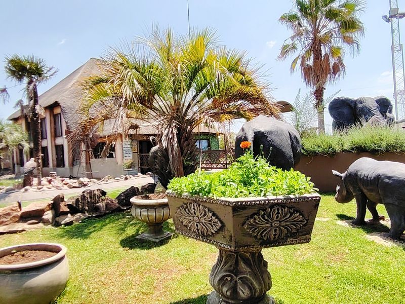 A well-maintained landscaped garden area featuring a pond, mature palm trees, and a thatched-roof building in the background.