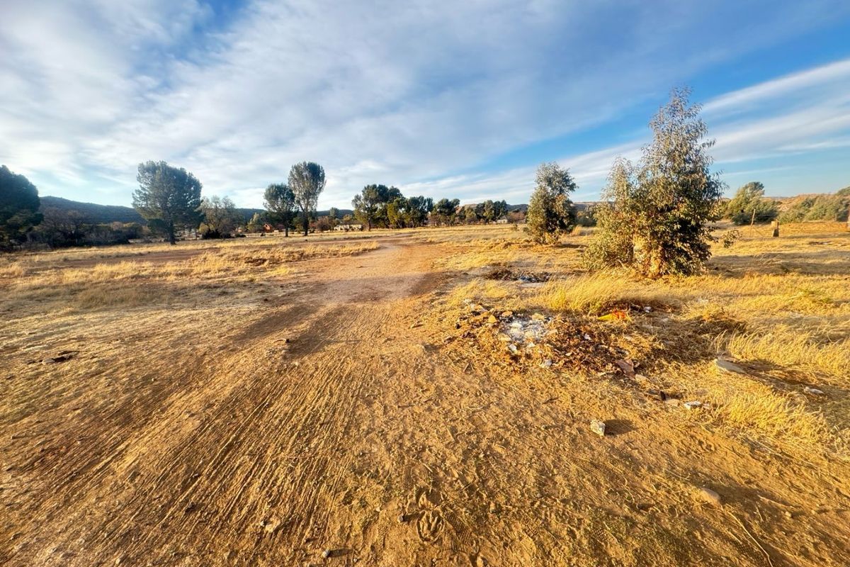 A wide-angle view of a vacant residential plot featuring natural vegetation, dry grass, and an unpaved access track under a clear blue sky.