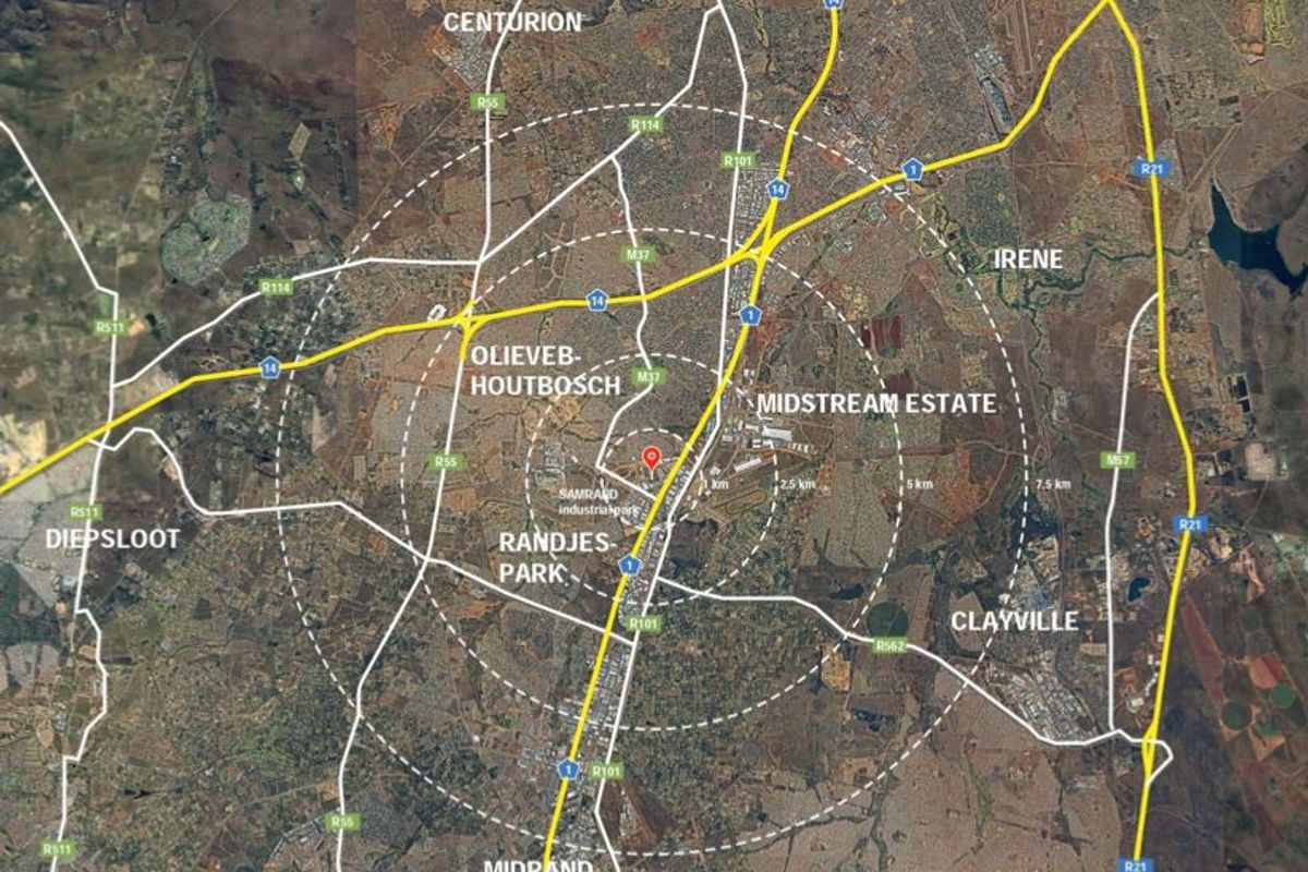An aerial map view showing the property location within the Samrand industrial park area, highlighting surrounding road networks and regional proximity.