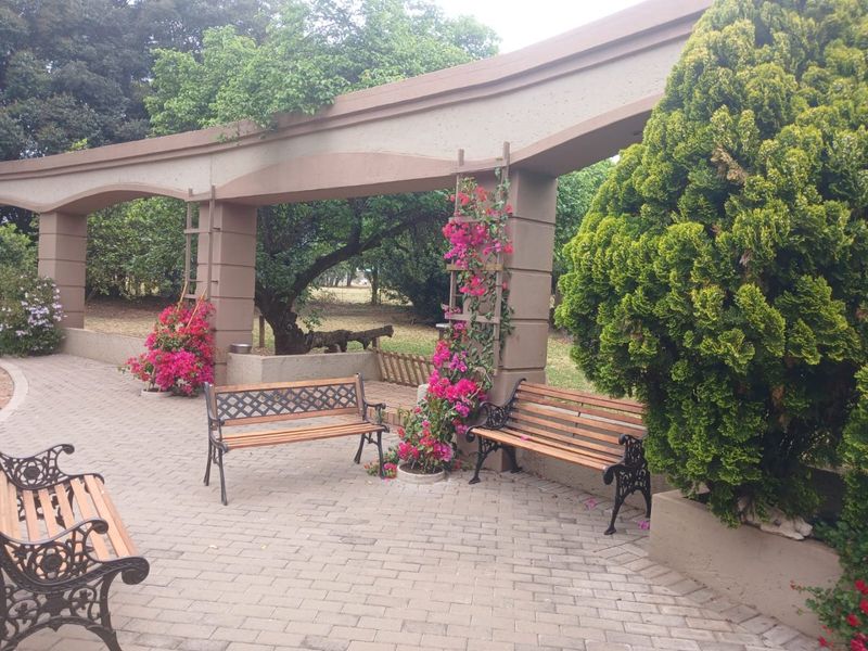 A paved outdoor patio area featuring a curved concrete pergola structure, providing a shaded space within the garden setting.