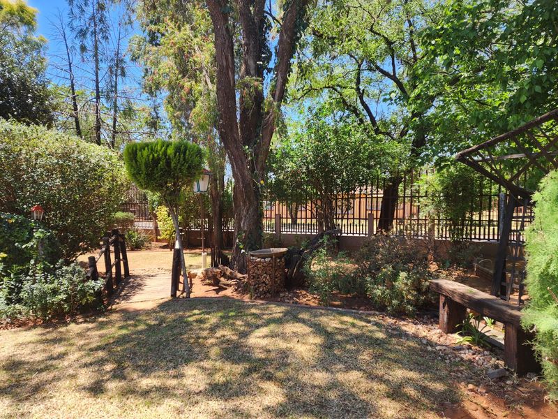A mature, well-established garden featuring large trees, a small wooden footbridge, and secure metal perimeter fencing.