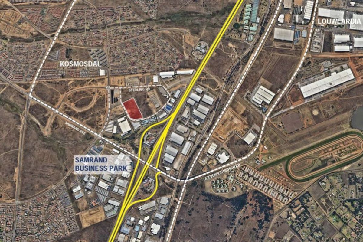 Aerial view of Samrand Business Park showing surrounding road infrastructure, highway access, and industrial development layout.