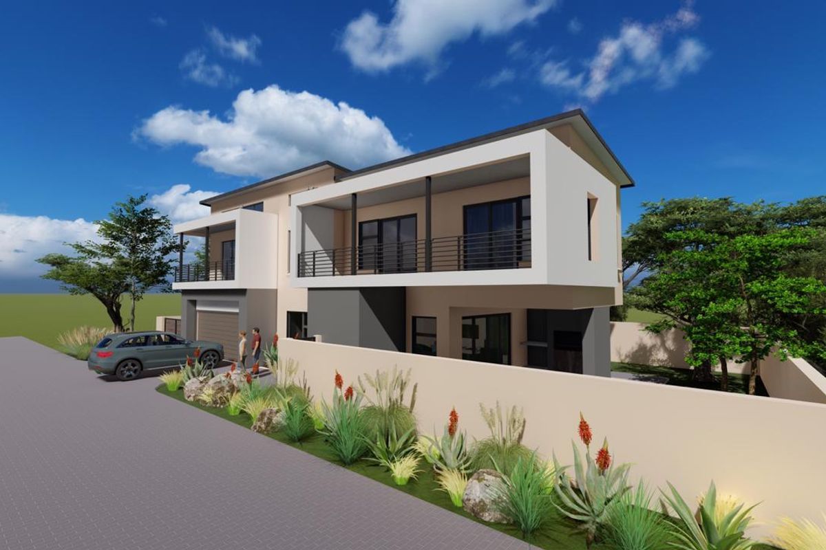 A modern double-story residential house featuring a balcony, paved driveway, and secure boundary wall, presented as an architectural rendering.