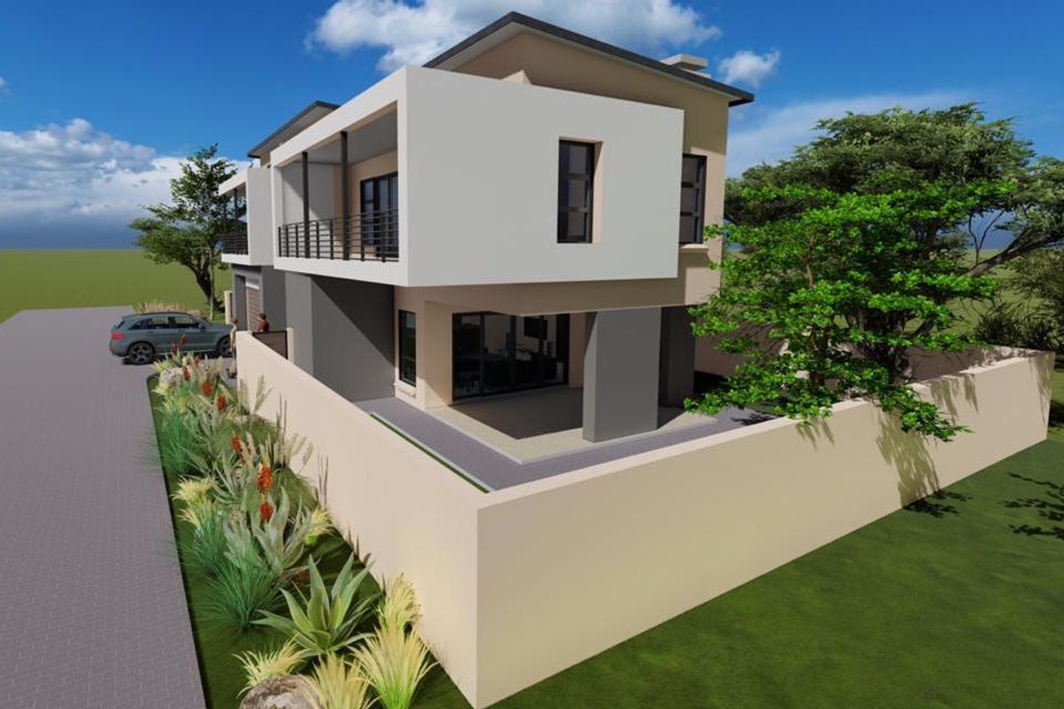 A modern two-story residential property featuring a balcony, paved driveway, and enclosed garden area, presented as a 3D architectural rendering.