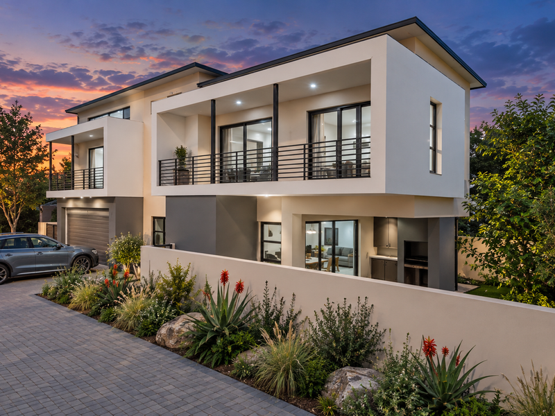 Modern double-storey residence featuring a paved driveway, upper-level balconies with metal railings, and a ground-floor patio area with a built-in braai.