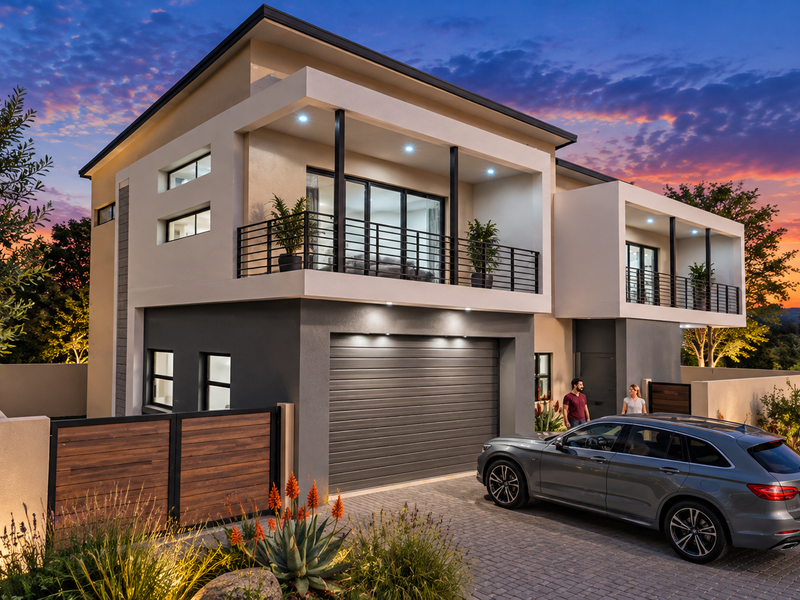 Modern double-storey home featuring a sleek facade, automated garage, upper-level balconies with metal railings, and a neatly paved driveway at sunset.