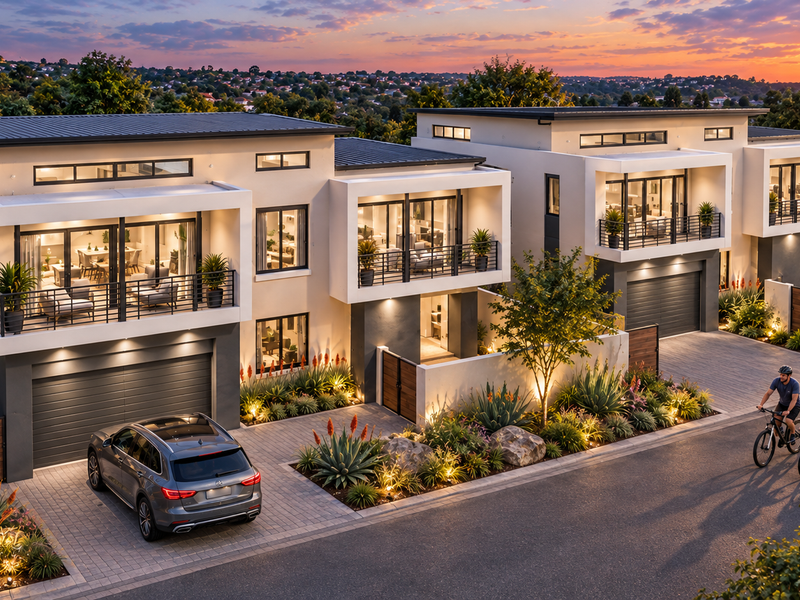 Modern multi-unit residential property featuring contemporary architecture, private balconies, integrated garages, and professionally landscaped front gardens at sunset.