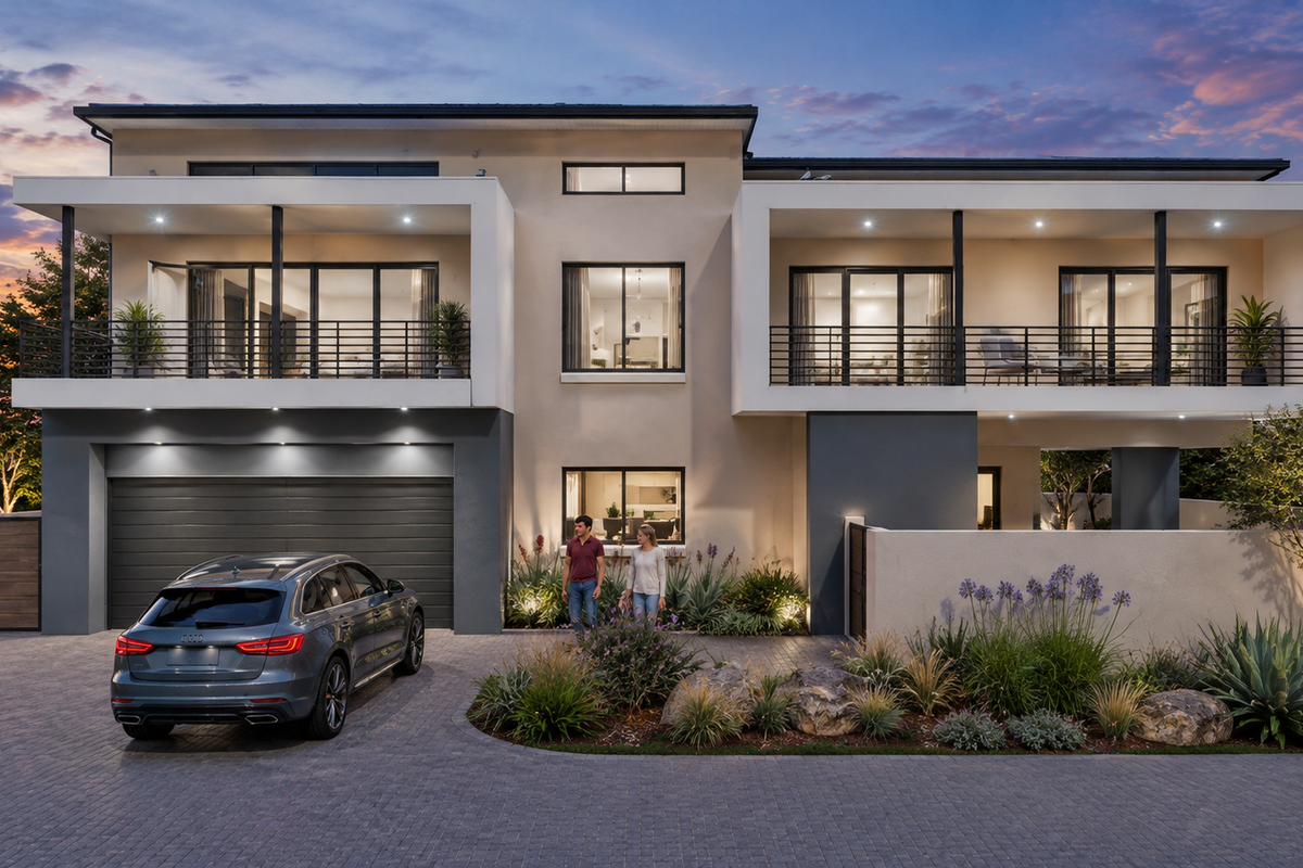 Modern double-story residence featuring a paved driveway, double garage, and expansive upper-level balconies with contemporary architectural finishes and landscaped garden surrounds.