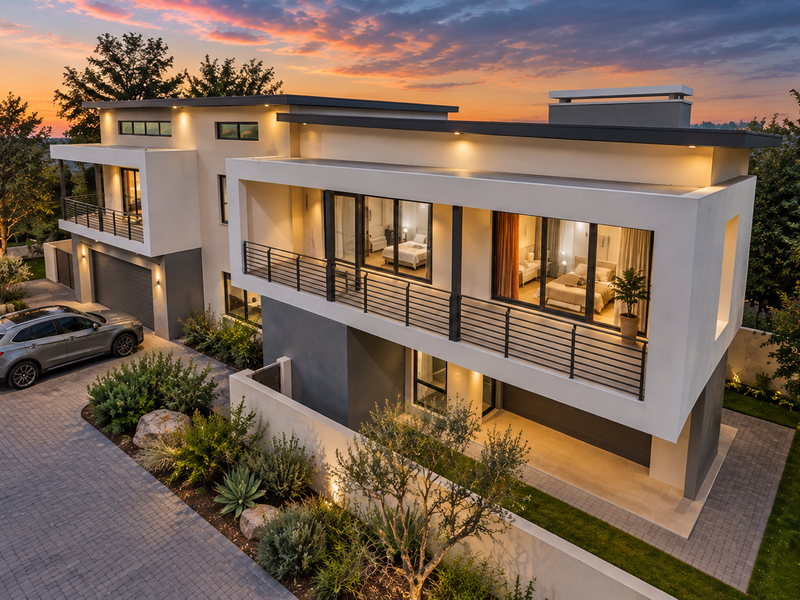 A modern two-story luxury residence featuring a paved driveway, expansive balconies with metal railings, and integrated exterior lighting at sunset.
