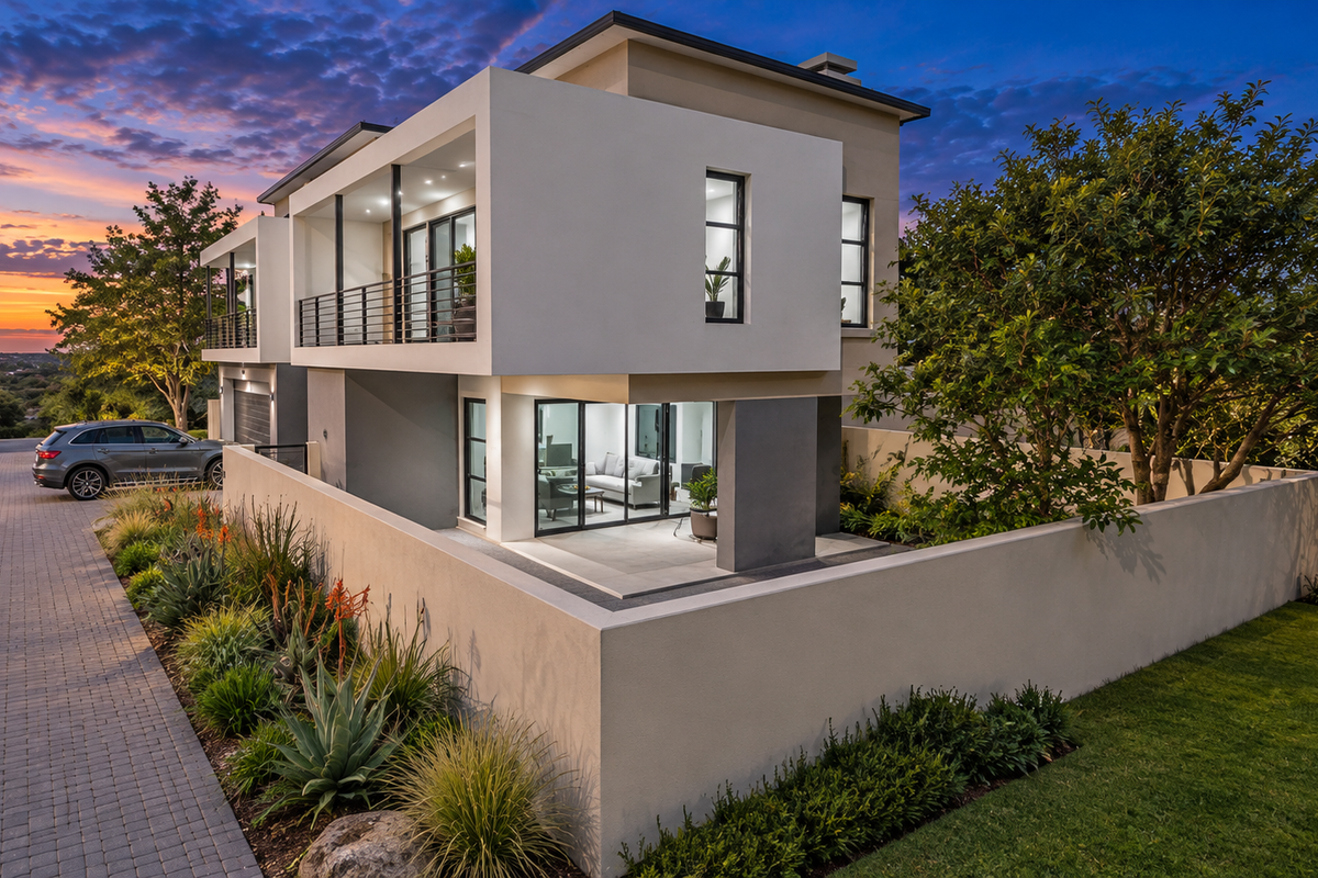 Modern double-story residence featuring a paved driveway, landscaped garden, boundary wall, and an upper-level balcony with contemporary architectural design.