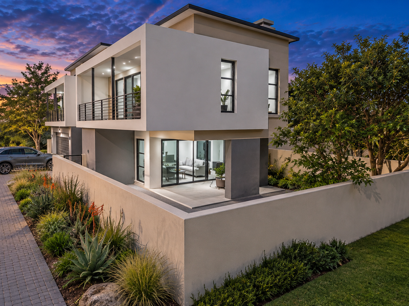 Modern double-story residence featuring a paved driveway, landscaped garden, boundary wall, and an upper-level balcony with contemporary architectural design.