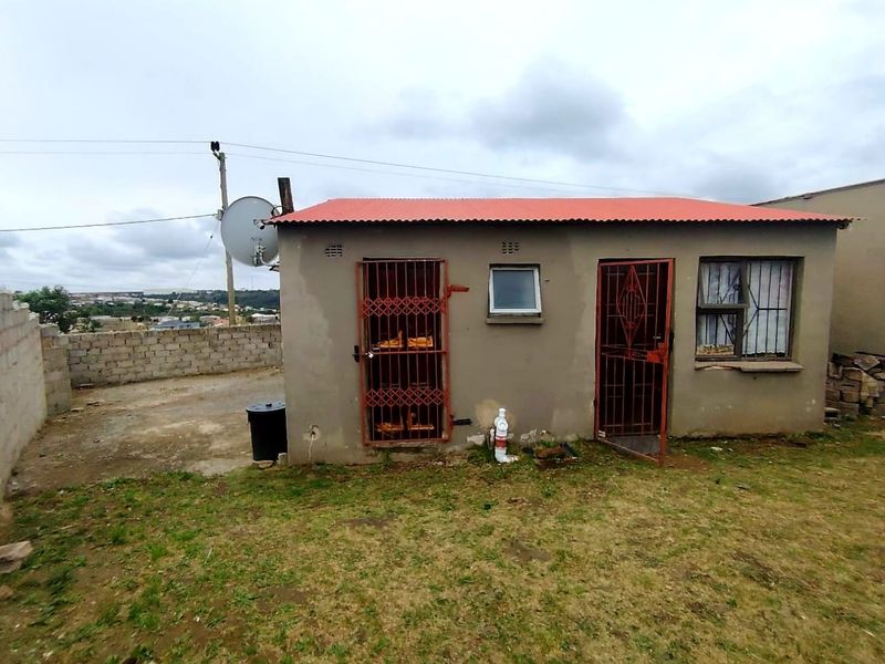 Rear view of a small residential structure featuring a corrugated metal roof, security gates, and basic exterior finishes on a plot with surrounding boundary walls.