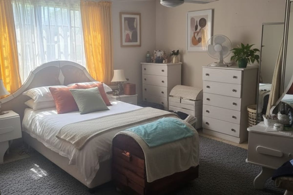 A well-lit bedroom featuring a ceiling fan and tiled flooring, offering a comfortable and functional living space.